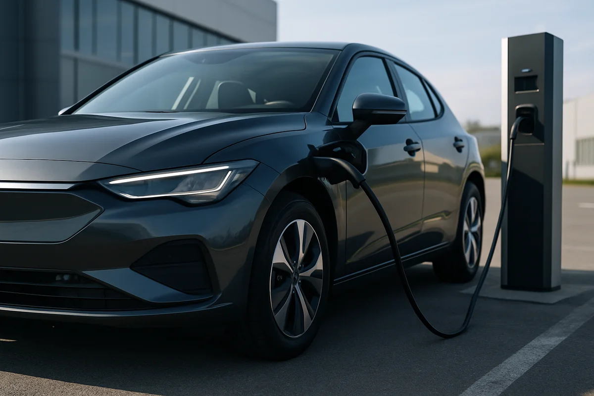 Automóvil eléctrico moderno recargándose en una estación de carga al aire libre