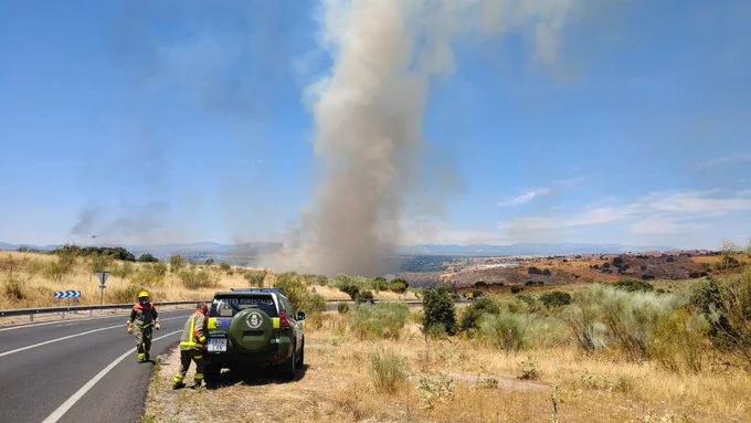 Agentes forestales y un vehículo de emergencias junto a una columna de humo por incendio en zona rural de Arroyomolinos, Madrid