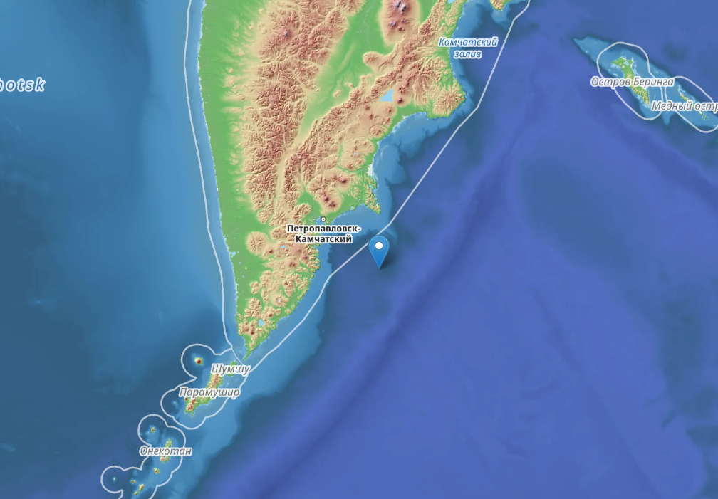 Mapa de Kamchatka con marcador del epicentro del terremoto