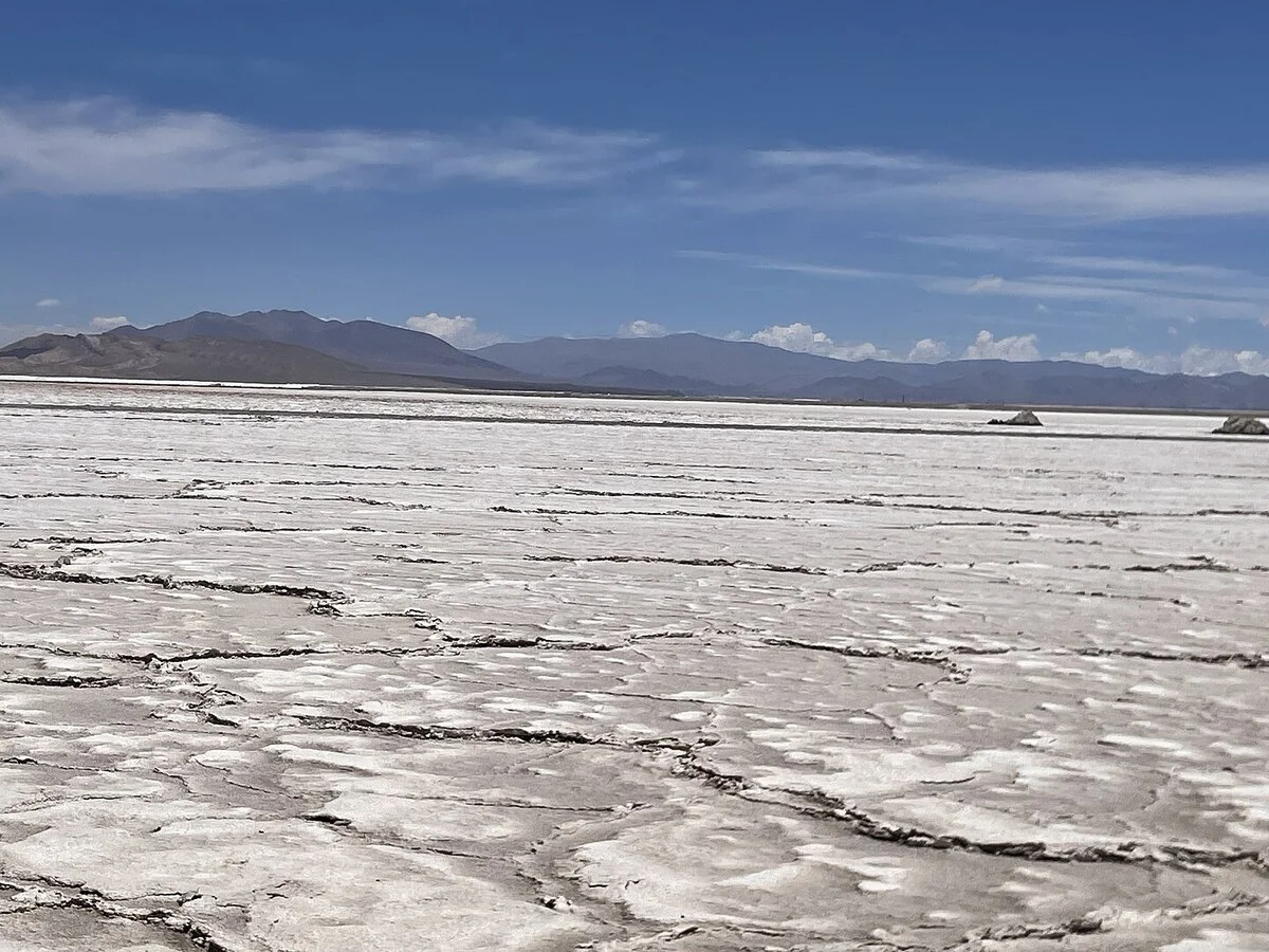 Vista panorámica del Salar del Hombre Muerto, una vasta extensión blanca de sal y litio en el noroeste de Argentina, rodeada de paisajes desérticos.