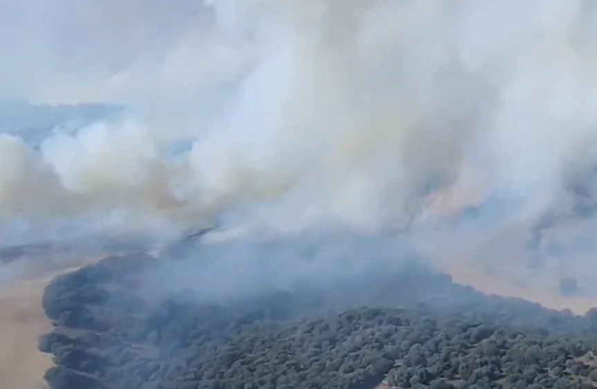 Vista aérea del incendio forestal en Monte el Viejo, Palencia, con denso humo sobre áreas de bosque y campos abiertos