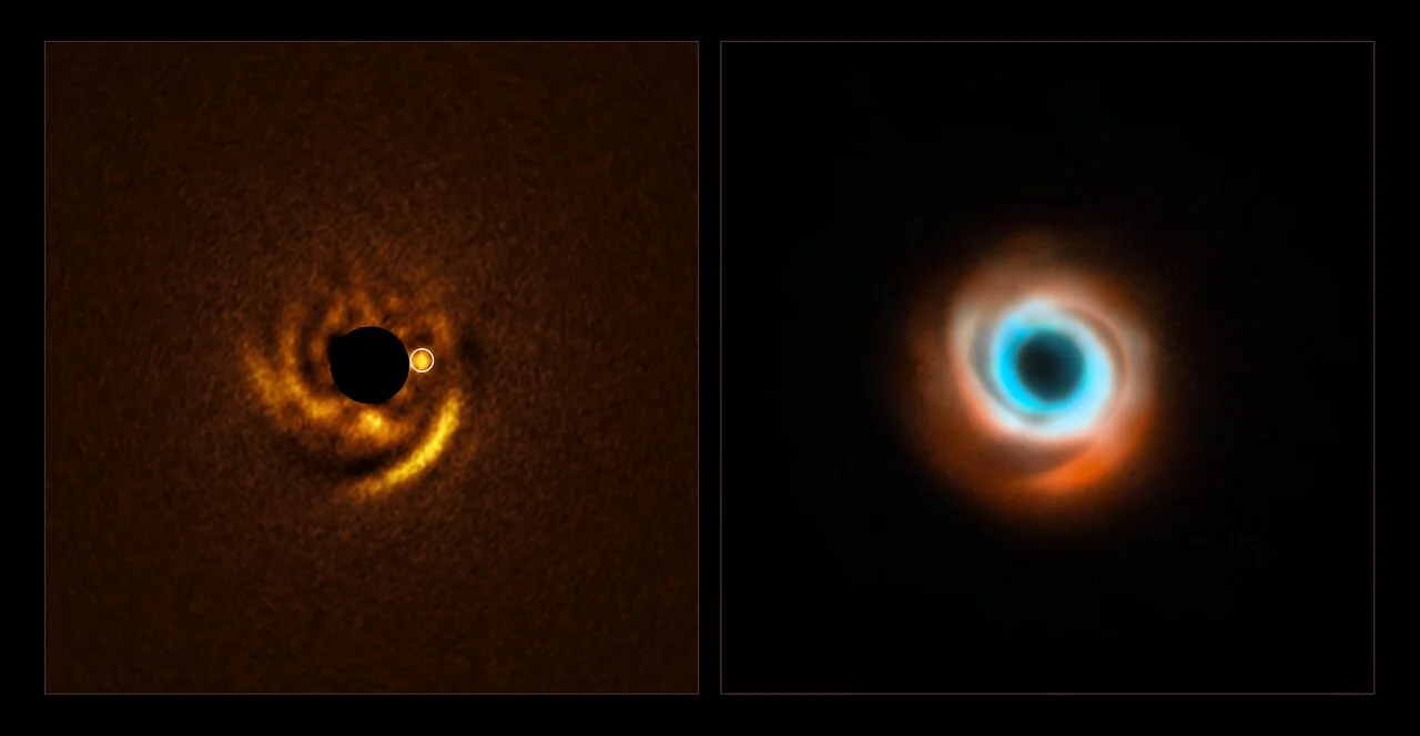 Posible planeta en formación en HD 135344B, con disco espiral de polvo y gas, observado por el VLT de ESO, SPHERE y ALMA