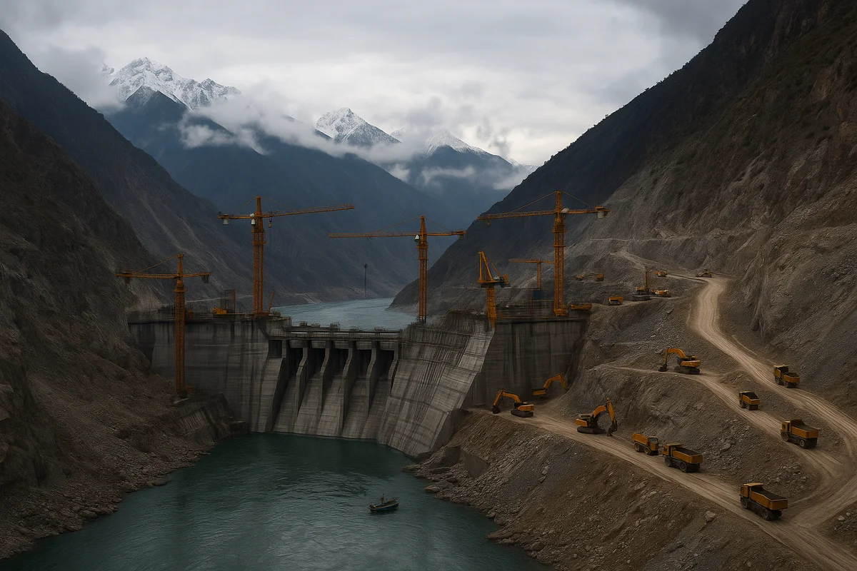 Presa hidroeléctrica en construcción en un valle montañoso del Tíbet