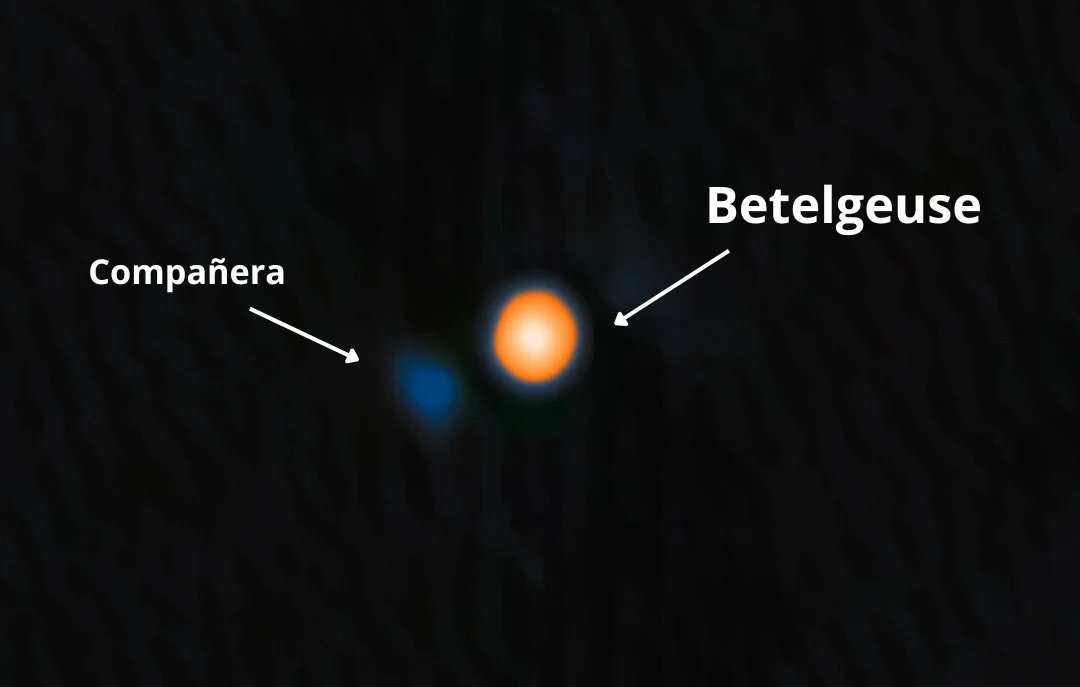 Imagen de Betelgeuse captada con el instrumento 'Alopeke' del telescopio Gemini Norte, mostrando su estrella compañera azul en órbita cercana