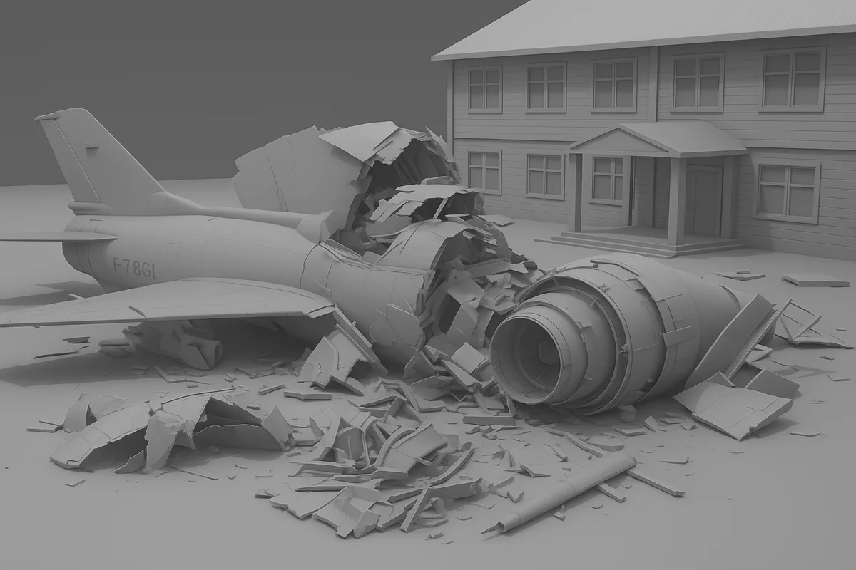Restos de un avión militar F-7 BGI accidentado junto a un edificio escolar, recreación digital basada en el accidente de Daca, Bangladesh