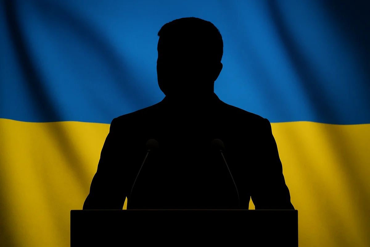 Silueta de Volodímir Zelensky en negro, con banderas de Ucrania desenfocadas al fondo, evocando un discurso solemne