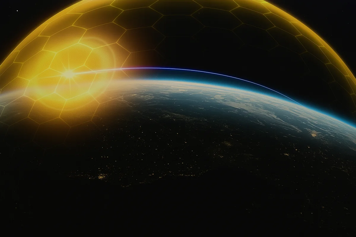 Representación artística de un escudo antimisiles global que protege la Tierra desde el espacio, con redes energéticas y fondo de tecnología espacial