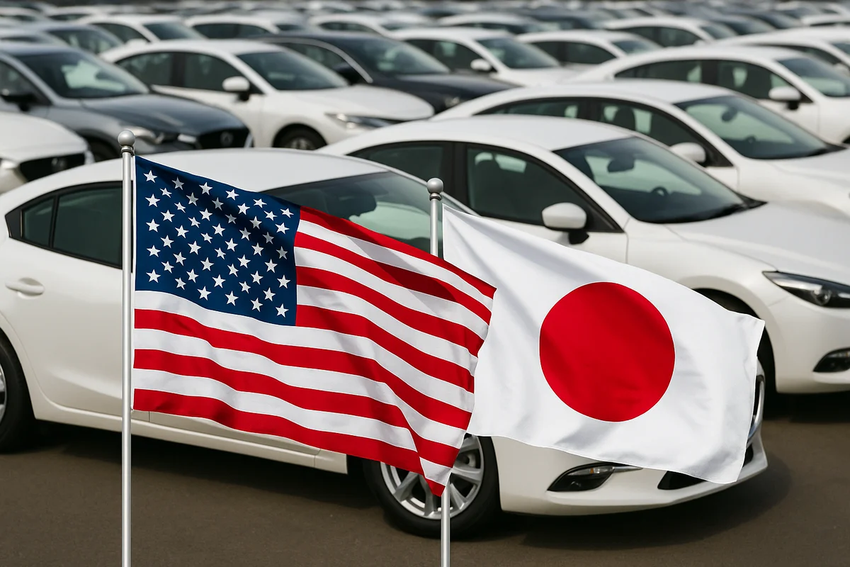 Banderas de Estados Unidos y Japón ondeando frente a una fila de coches blancos modernos