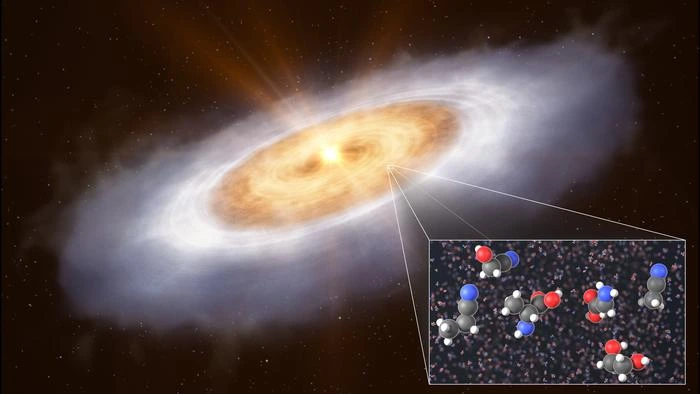 Ilustración de un disco protoplanetario y moléculas orgánicas detectadas