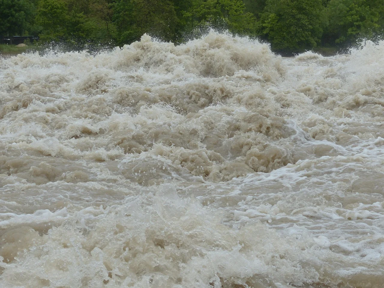 Agua turbia y espumosa desbordándose durante una inundación, con vegetación al fondo
