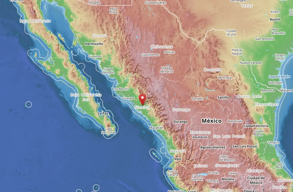 Mapa físico del noroeste de México mostrando Sinaloa con un marcador rojo en la zona de Culiacán