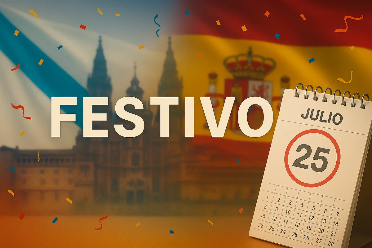 Ilustración digital con el texto "Festivo" en el centro, rodeado de iconos festivos y un calendario marcando el 25 de julio