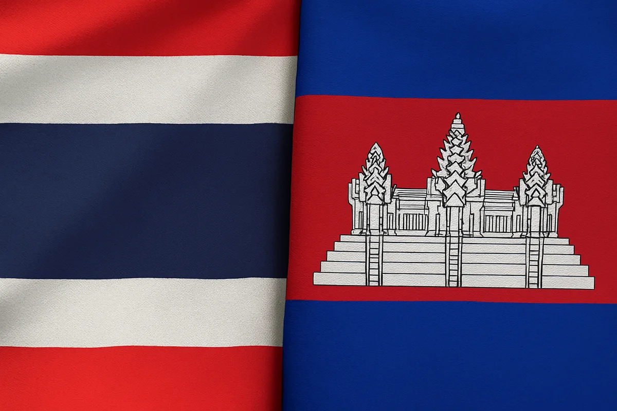 Banderas realistas de Tailandia y Camboya ondeando juntas, mostrando los colores y símbolos nacionales en detalle.