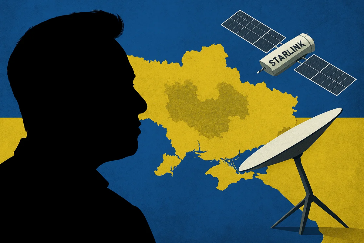 Silueta negra de Elon Musk en primer plano, con la bandera de Ucrania, un mapa del país y un satélite Starlink al fondo