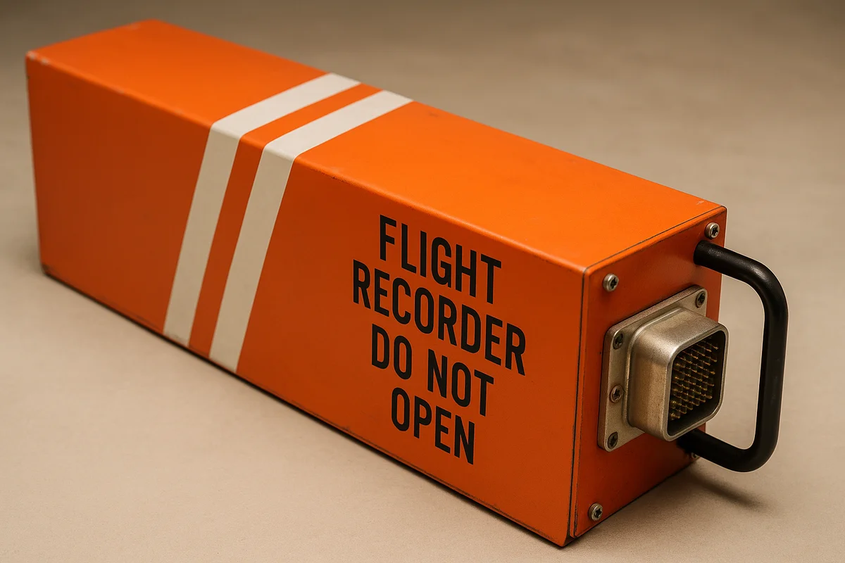 Caja negra de avión de forma rectangular y color naranja intenso, con franjas blancas y la inscripción “FLIGHT RECORDER DO NOT OPEN”