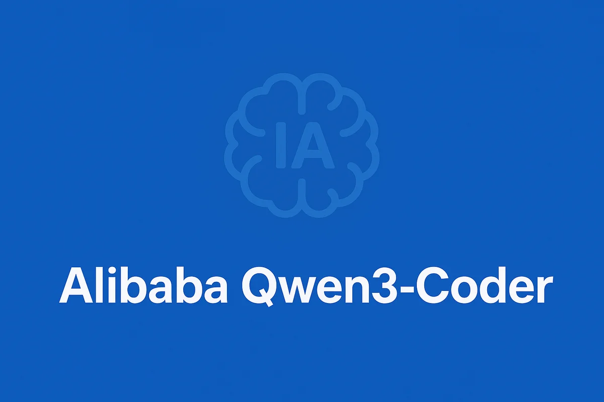 Diseño conceptual con fondo azul,texto Alibaba y Qwen3-Coder