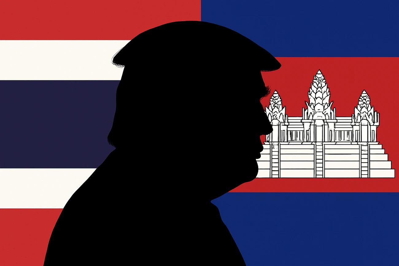 Silueta negra de Donald Trump entre las banderas de Tailandia y Camboya, simbolizando su mediación diplomática