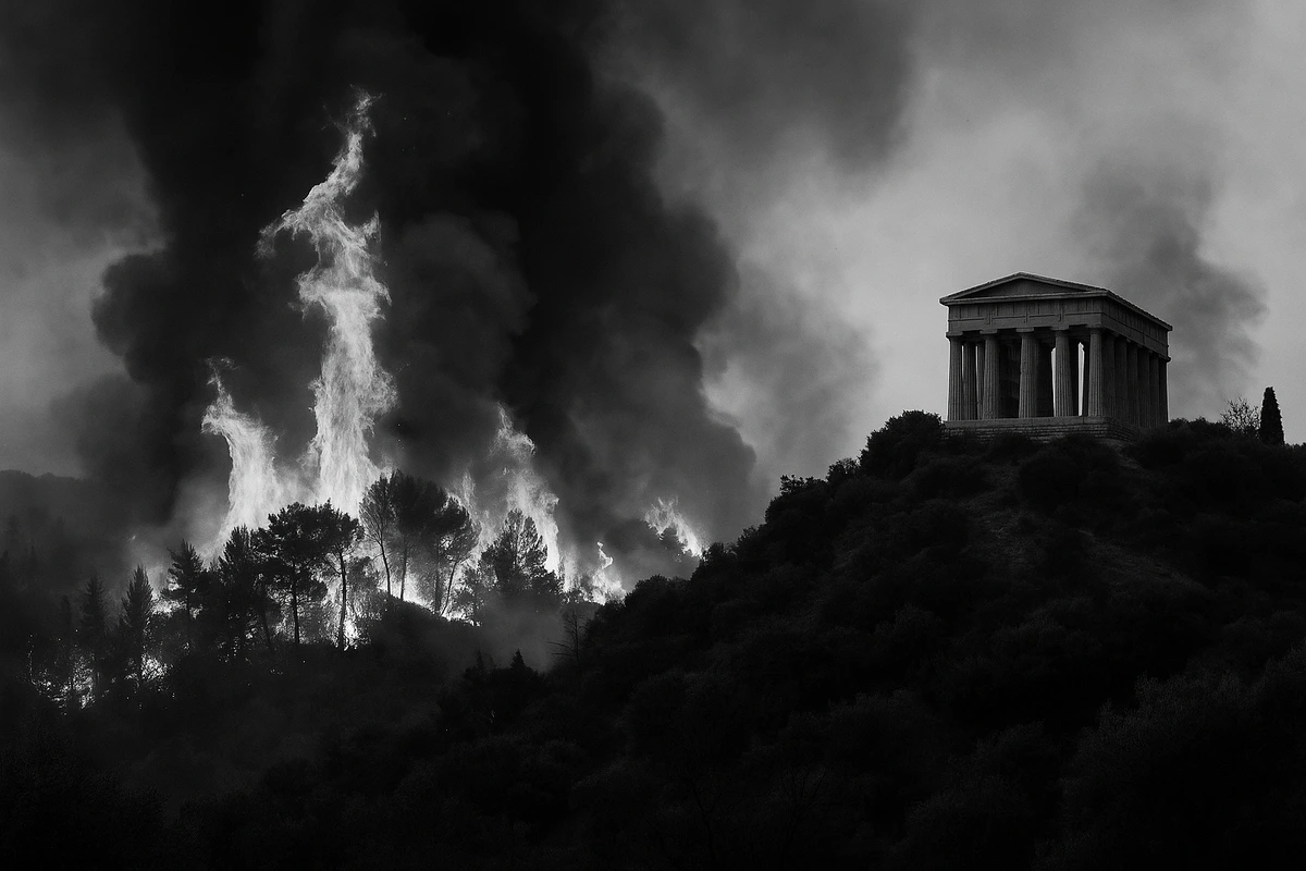 Fotografía en blanco y negro de un incendio forestal en Grecia