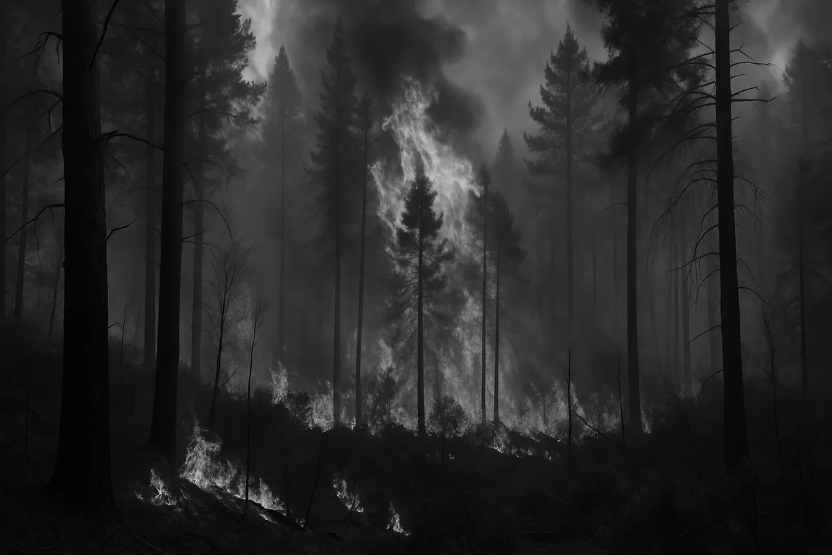 Bosque ardiendo, con llamas y humo denso, en una imagen dramática en blanco y negro