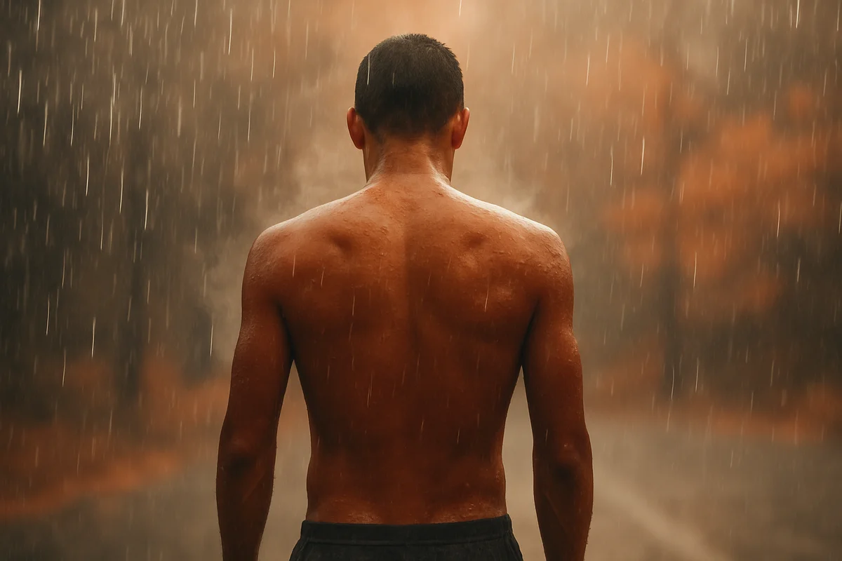 Hombre de espaldas bajo la lluvia intensa y vapor