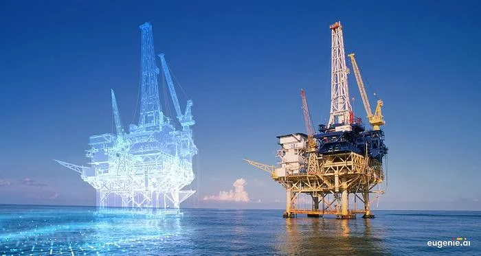 Visualización digital realista de una plataforma petrolera marina modelada en 3D