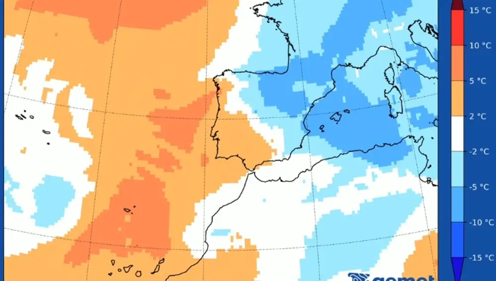 Mapa térmico de Europa y el norte de África con anomalías de temperatura, donde el oeste muestra colores cálidos y el este tonos fríos