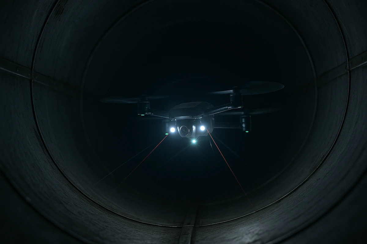Dron cuadricóptero volando en el centro de un conducto de aire metálico