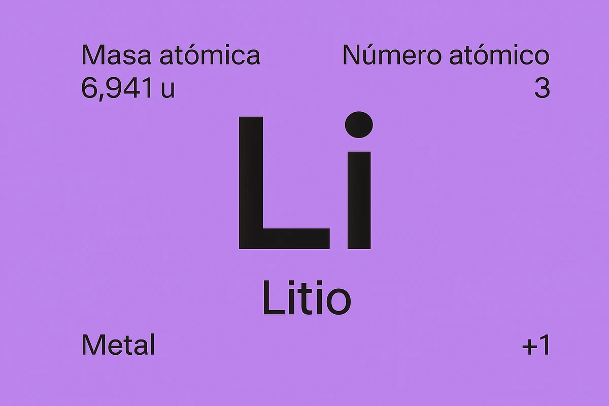 Ficha de elemento litio, fondo violeta, símbolo Li grande, datos distribuidos minimalistas como número atómico, masa atómica, tipo metal y carga +1.