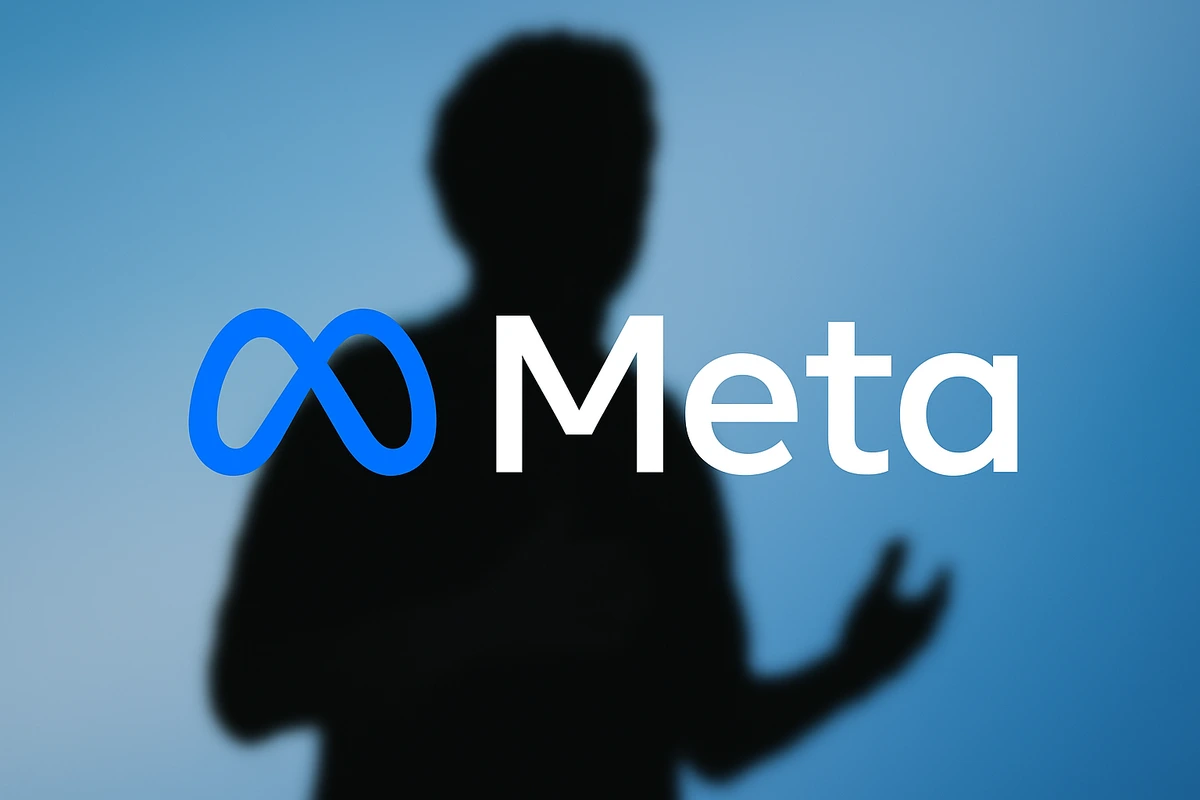 Silueta negra de Mark Zuckerberg desenfocada sobre fondo azul degradado, con el logo azul de Meta y la palabra Meta en blanco en el centro