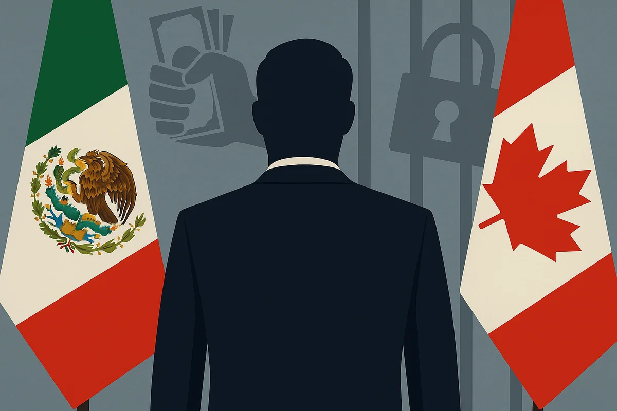Ilustración conceptual de un diplomático mexicano entre las banderas de México y Canadá