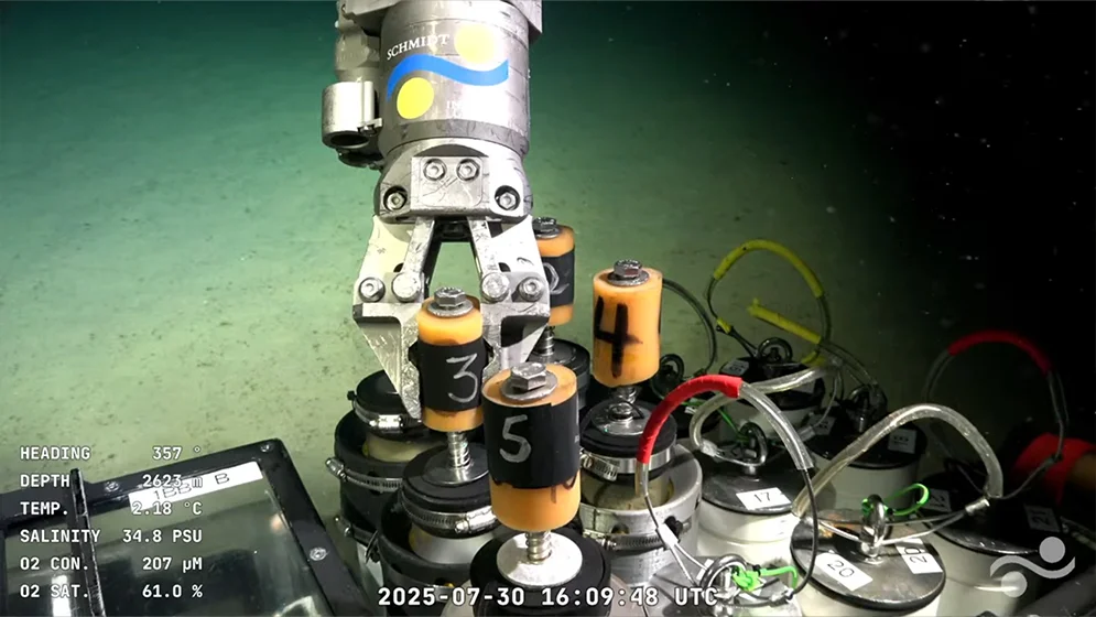 Brazo robótico del ROV SuBastian manipulando instrumentos científicos a más de 2.600 metros de profundidad.