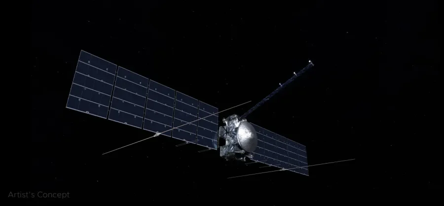 Antenas de radar completamente extendidas en la nave Europa Clipper durante una misión espacial
