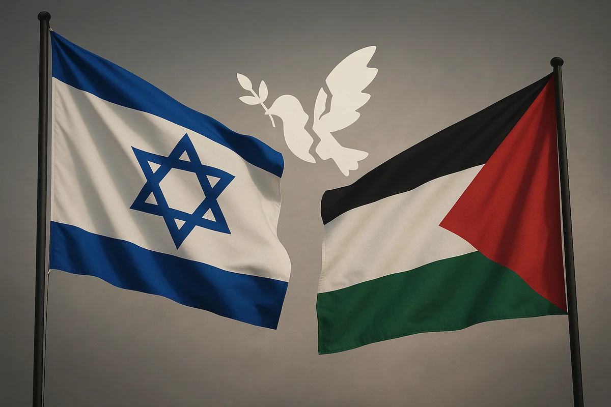 Banderas de Israel y Palestina ondeando frente a frente, separadas por una paloma de la paz fragmentada