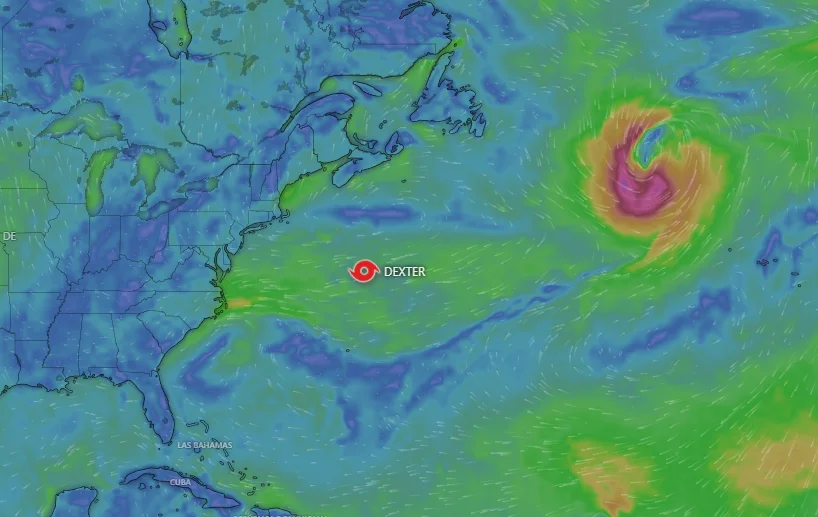 Mapa meteorológico de Windy mostrando la tormenta tropical Dexter alejándose de México
