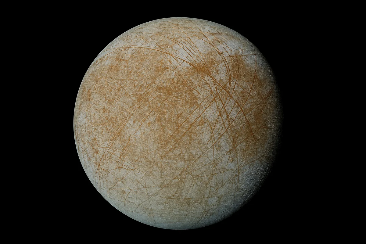 Superficie helada y agrietada de la luna Europa de Júpiter, con líneas marrones cruzando el hielo
