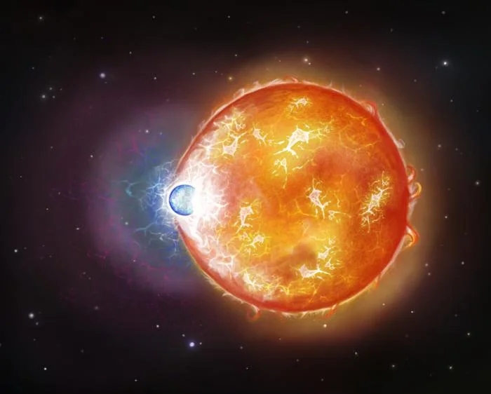Ilustración de la fusión estelar caliente que dio origen a la enana blanca ultramasiva WD 0525+526