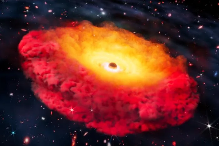 Ilustración de la galaxia CAPERS-LRD-z9 mostrando un agujero negro supermasivo envuelto en una nube de gas rojo