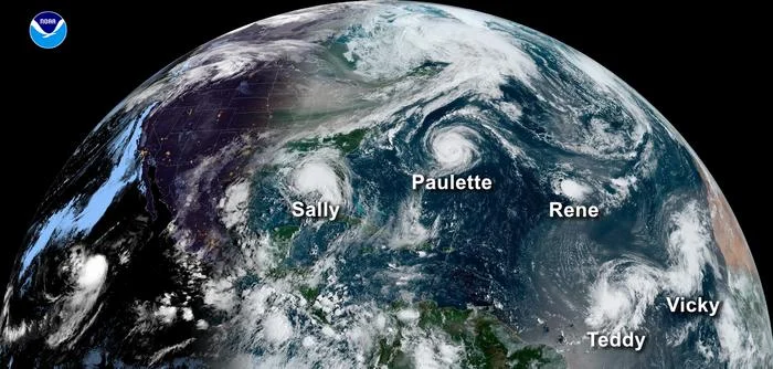 Imagen del GOES-16 mostrando cinco sistemas tropicales en el Atlántico el 14 de septiembre de 2020