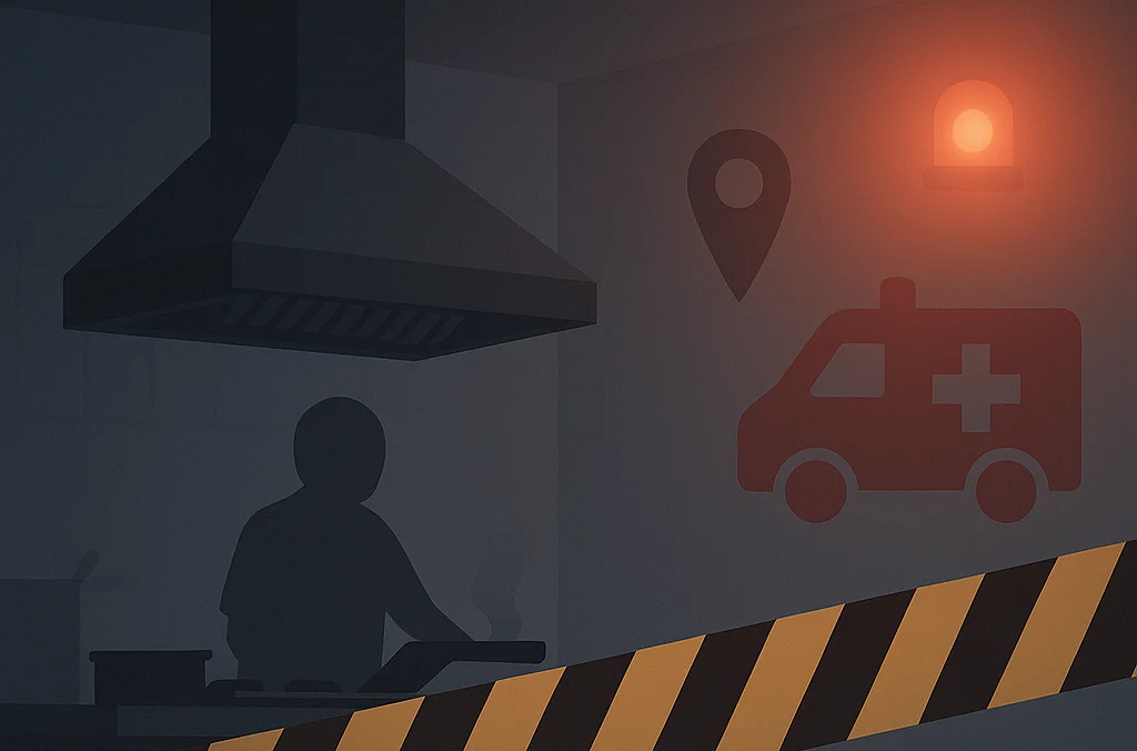 Ilustración minimalista que representa un accidente laboral en una cocina, con la silueta de un trabajador junto a una campana extractora