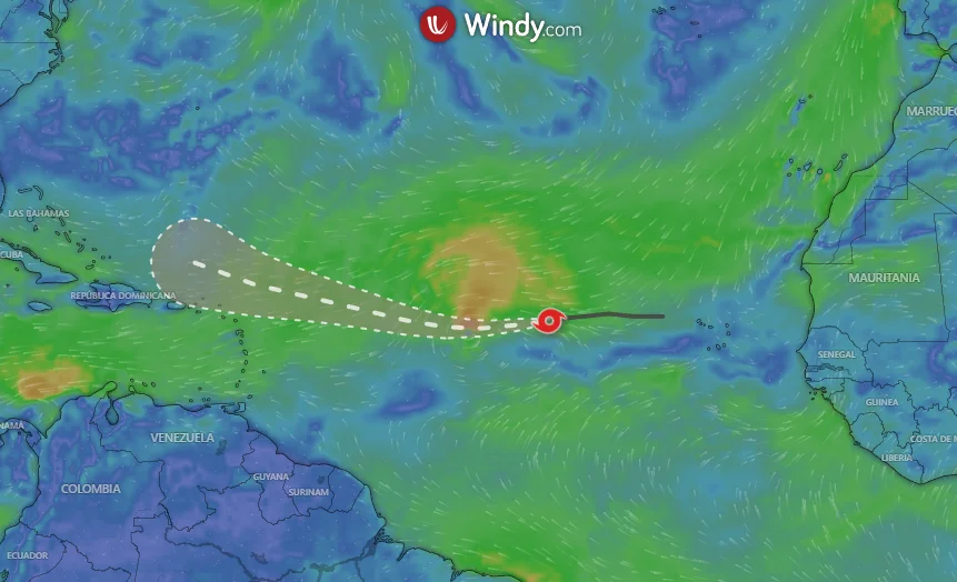 Trayectoria prevista de la tormenta tropical Erin en el Atlántico central