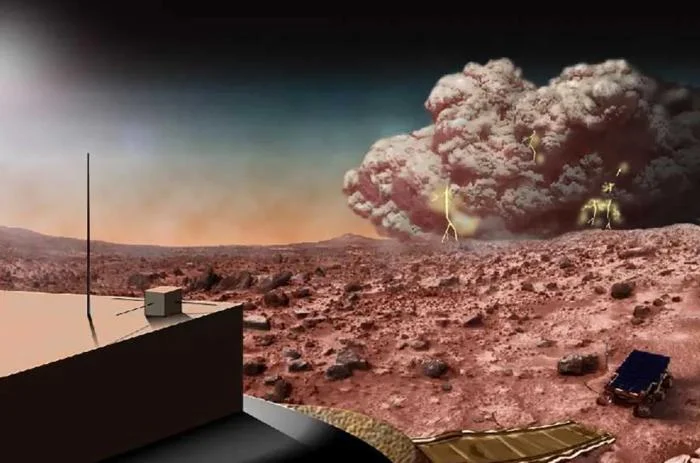 Ilustración artística de una tormenta de polvo en Marte con posible actividad eléctrica