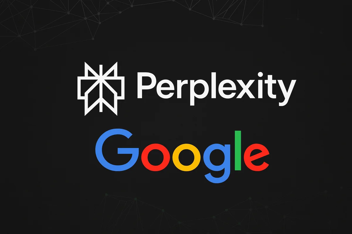 Logotipos de Perplexity y Google sobre un fondo oscuro con patrón de red