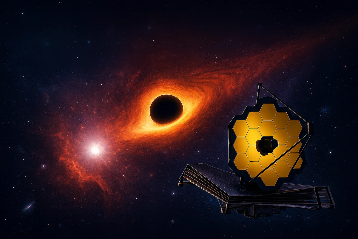 Ilustración del telescopio espacial James Webb observando un agujero negro primordial en el universo temprano