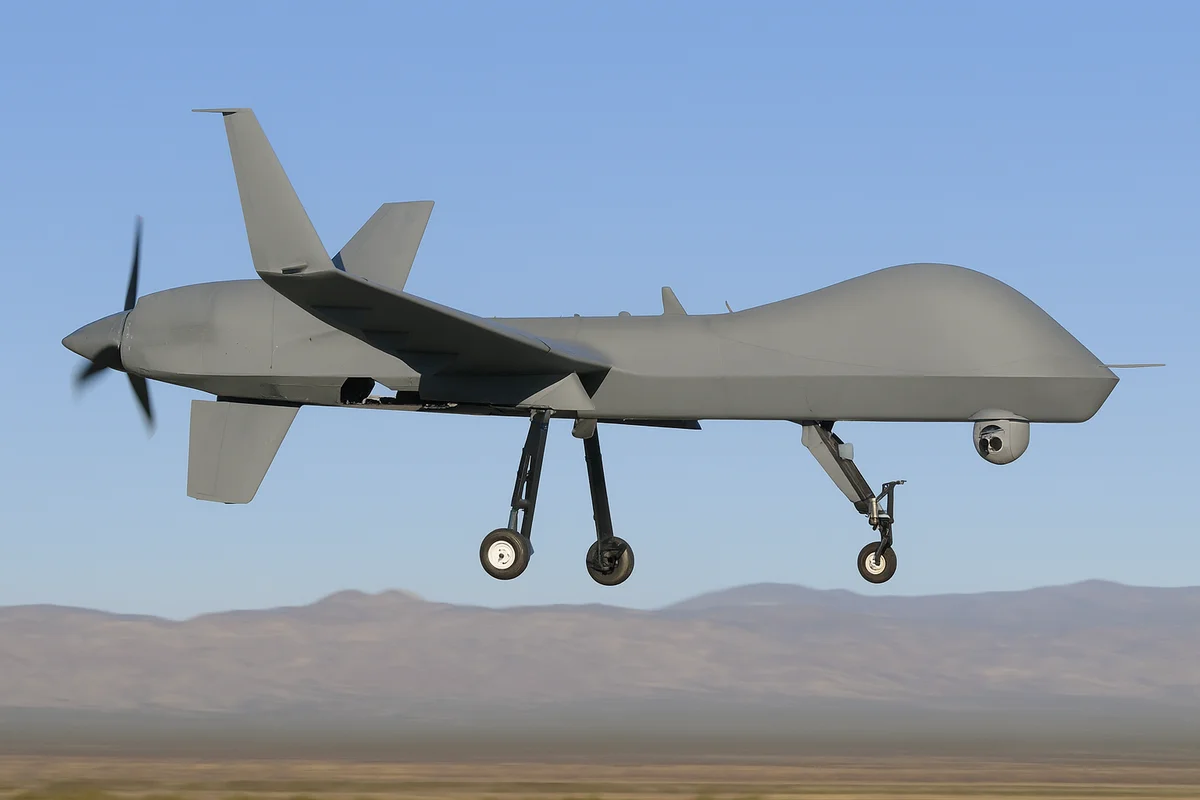 Recreación digital de un dron militar MQ-9B en vuelo sobre una zona montañosa