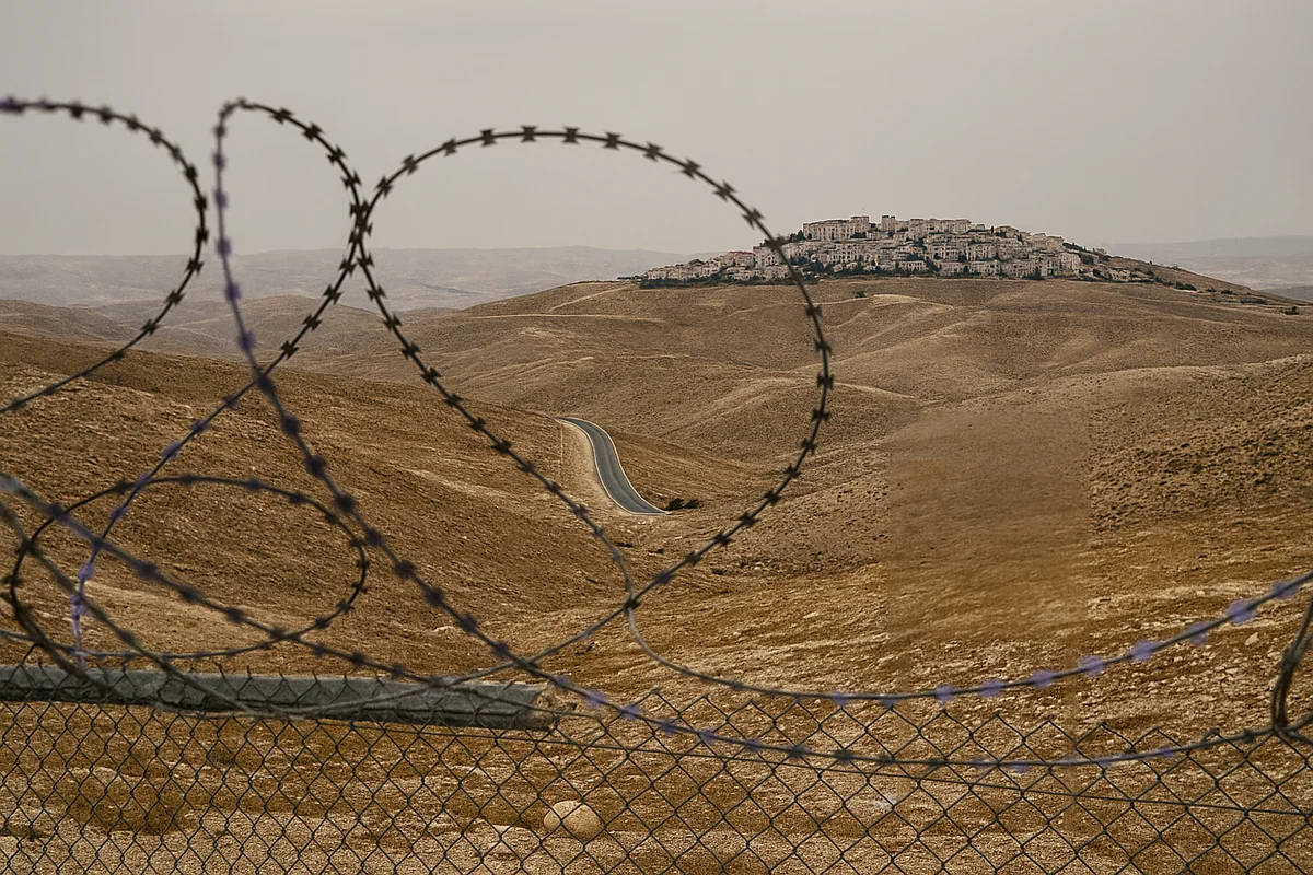 Asentamiento israelí visto desde una zona vallada en Cisjordania