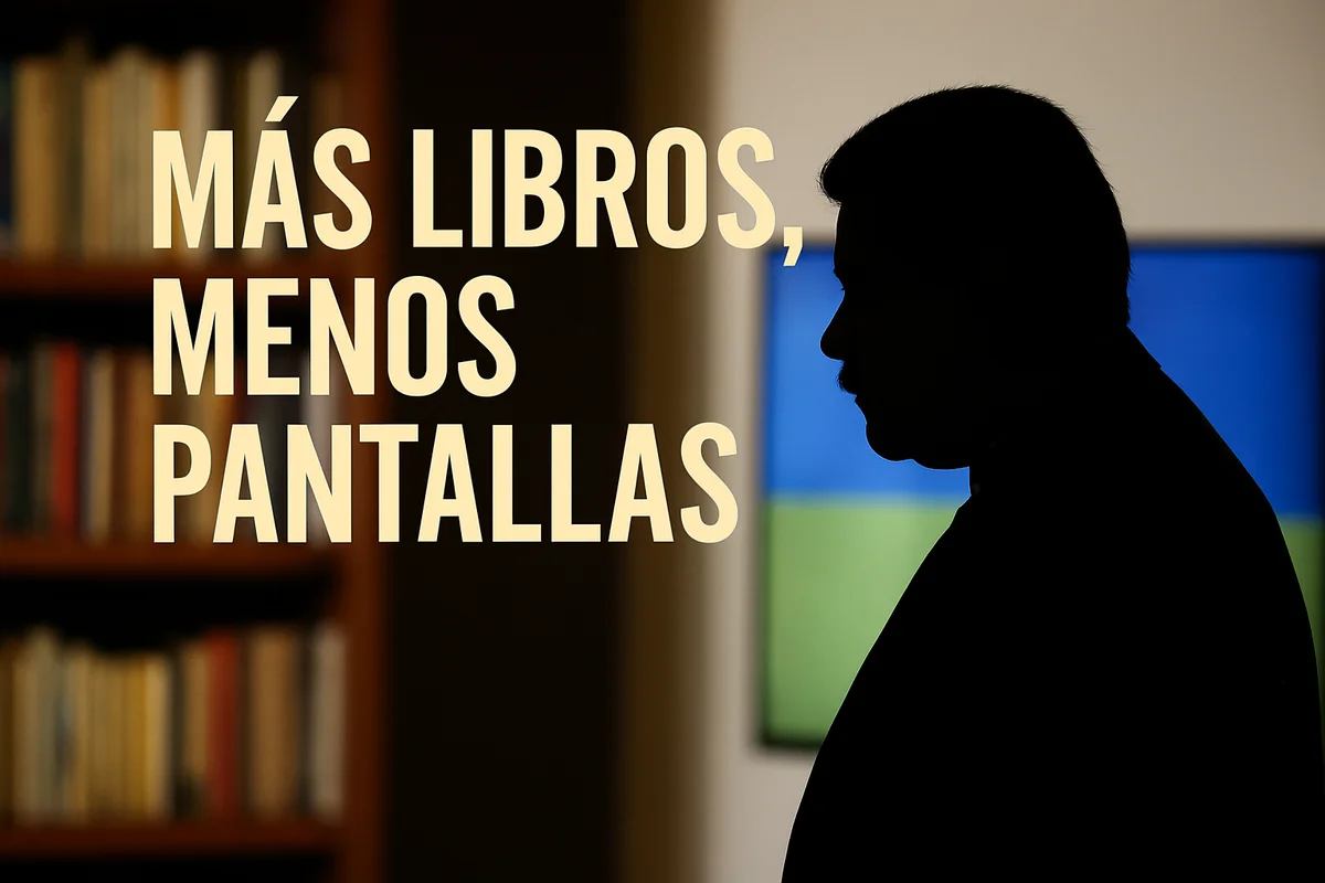 Silueta de Nicolás Maduro frente a un fondo que combina libros y pantallas difuminadas