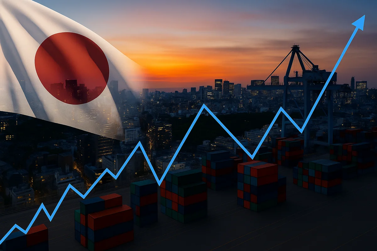 Composición digital que muestra el crecimiento económico de Japón con bandera nacional, rascacielos iluminados y gráfico ascendente en azul