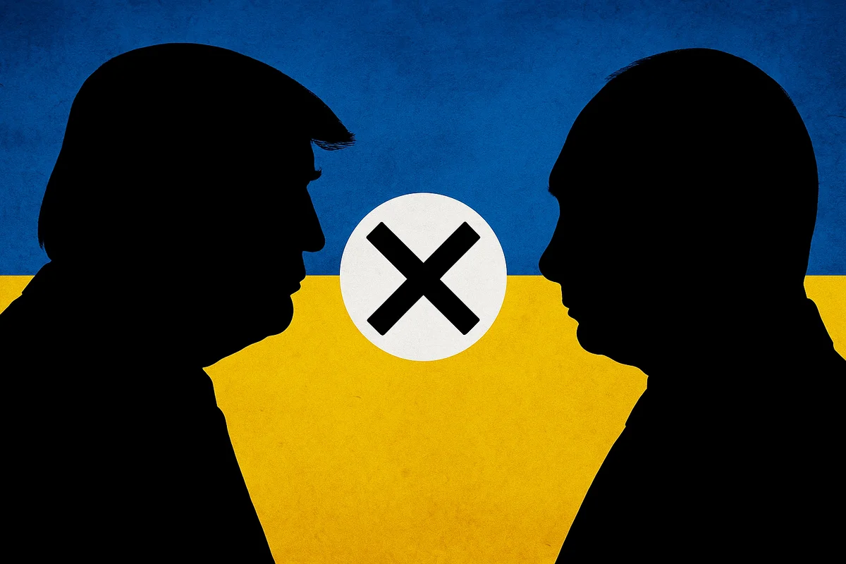 Siluetas de Trump y Putin frente a la bandera de Ucrania representando la falta de acuerdo en la cumbre