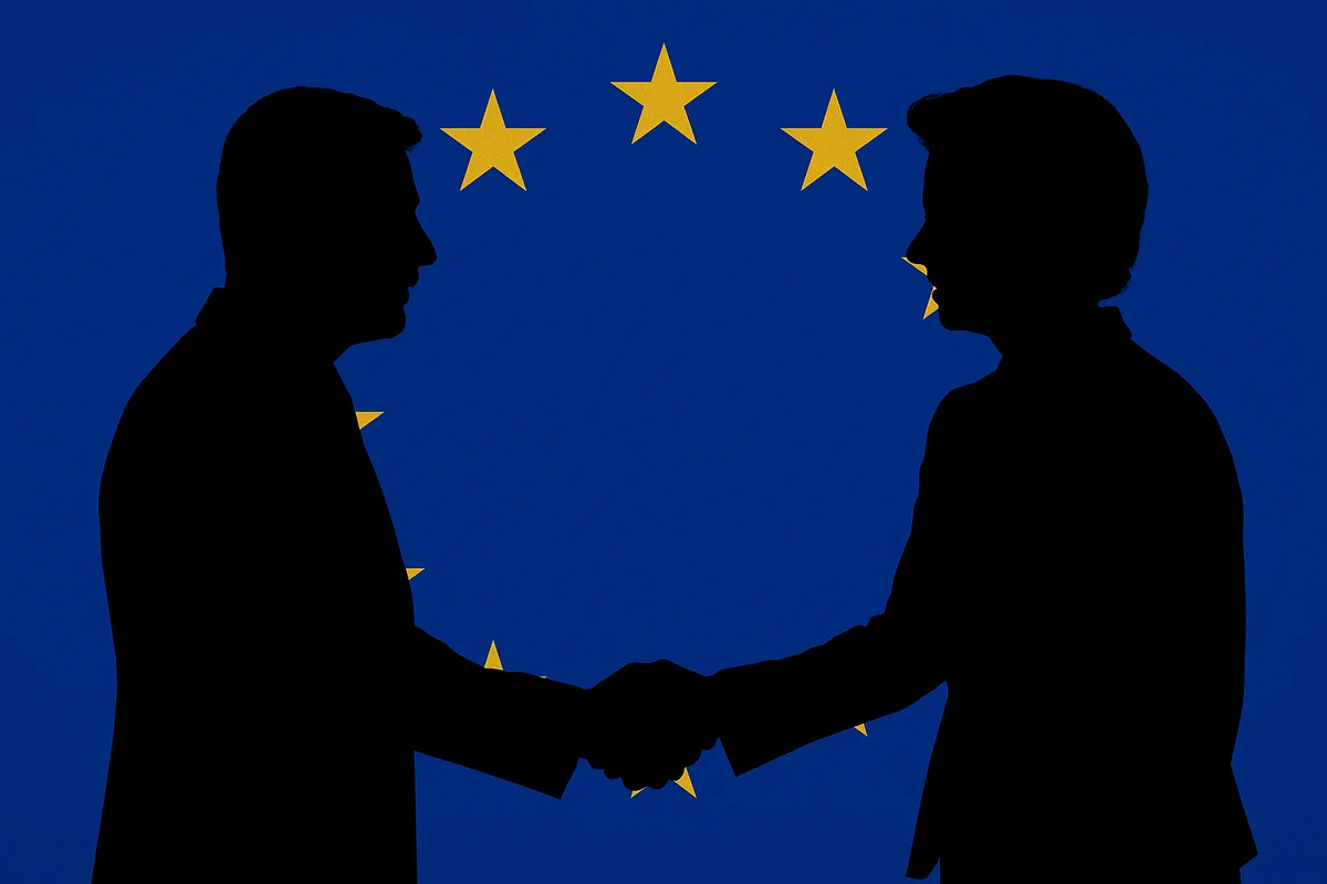 Siluetas de Volodímir Zelenski y Ursula von der Leyen dándose la mano con la bandera de la Unión Europea de fondo