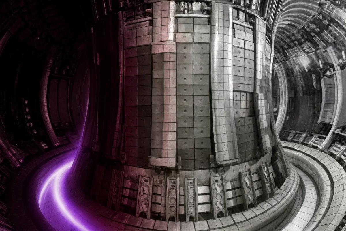 Interior de un tokamak con plasma púrpura en forma de anillo para experimentos de fusión nuclear